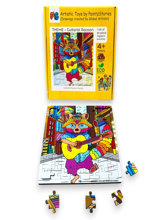 PAINTZSTORIES أحجية خشبية من PAINTZSTORIES على شكل راكون عازف جيتار | مجموعة واحدة من 64 قطعة | أحجية تعليمية لتنمية المهارات الإدراكية والحركية | هدية عيد ميلاد للأطفال | 4 سنوات فما فوق | الحجم 9 × 9 بوصة - Image 1